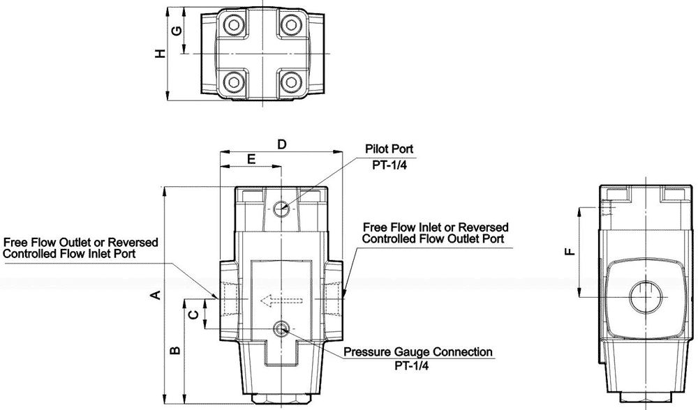 CPDT Pilot Controlled Check Valves Threaded Type Dimensions