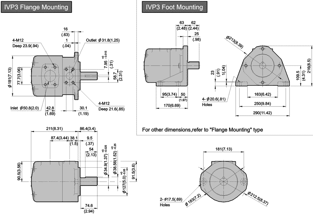 IVP3 Single Pumps - Dimensions